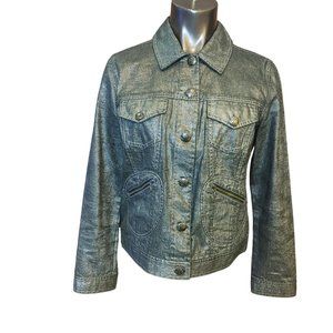 CHICOS Womens 1/M Black Gold Denim Decorative Button Front Pockets Jacket